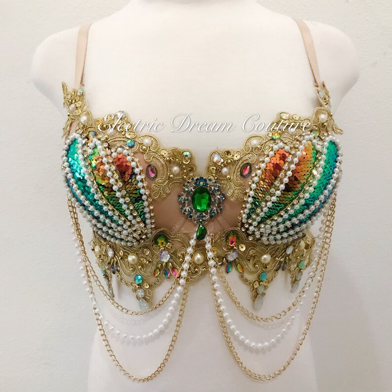 Goddess Mermaid Bra Gold V1 costume EDC Mermaid outfit cosplay rave wear,rave bra featival clothing,Halloween Iridescent Mermaid bra
