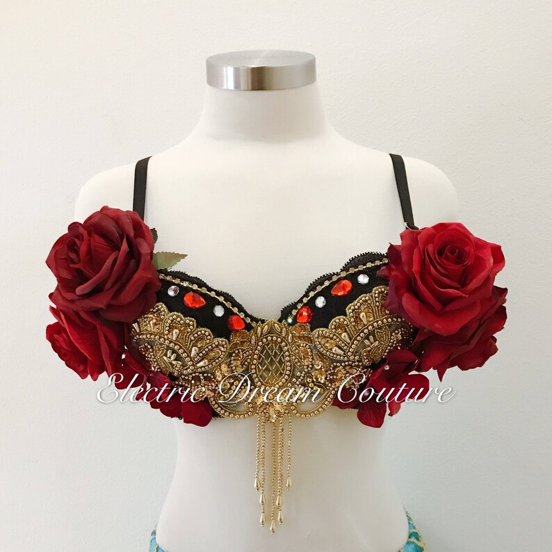 Pink Rose bra EDC outfit Halloween Costume Spanish Rose Rave Bra festival wear