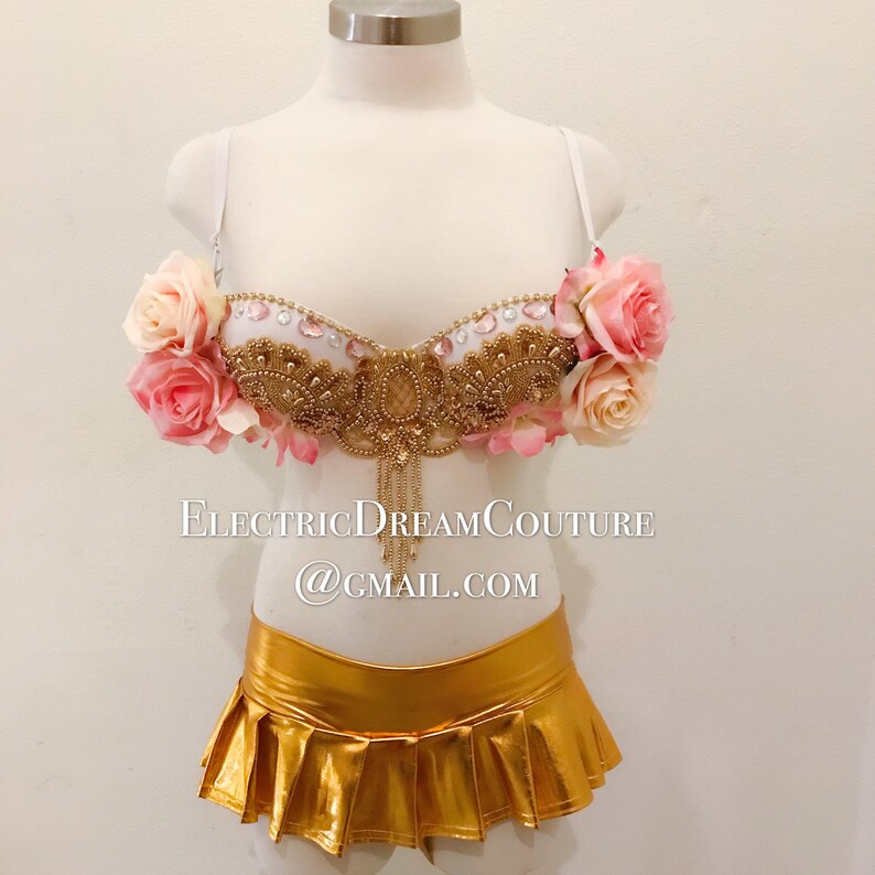 Pink Rose bra EDC outfit Halloween Costume Spanish Rose Rave Bra festival wear