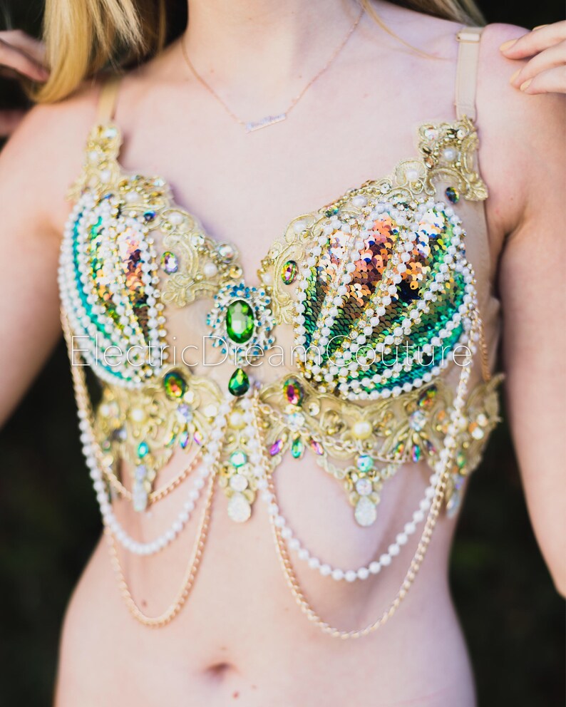 Goddess Mermaid Bra Gold V1 costume EDC Mermaid outfit cosplay rave wear,rave bra featival clothing,Halloween Iridescent Mermaid bra