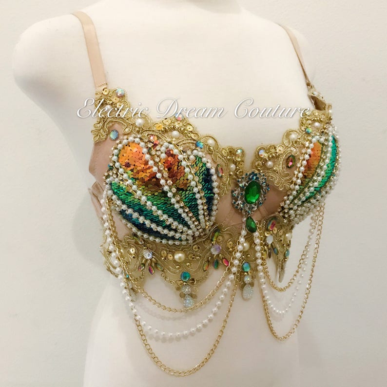 Goddess Mermaid Bra Gold V1 costume EDC Mermaid outfit cosplay rave wear,rave bra featival clothing,Halloween Iridescent Mermaid bra