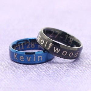 Personalized Men's stainless steel band ring cobalt blue or onyx black Engraved Name, word, date or even coordinates Father's Day gift image 7