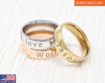 Mother's day Special Sale - Personalized stainless steel wide band ring Engraved Name, word, date or coordinate Minimalist ring wedding band