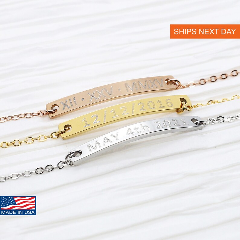 Customized Date Bar Bracelet- Roman Numeral Bracelet, Remembrance Jewelry, Couple Bracelets, Anniversary Gifts, Engraved Dates Bridesmaid 