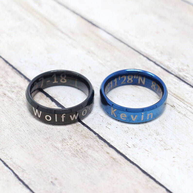 Personalized Men's stainless steel band ring cobalt blue or onyx black Engraved Name, word, date or even coordinates Father's Day gift image 3