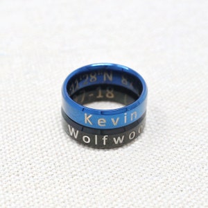 Personalized Men's stainless steel band ring cobalt blue or onyx black Engraved Name, word, date or even coordinates Father's Day gift image 4