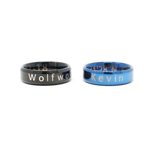 Personalized Men's stainless steel band ring cobalt blue or onyx black Engraved Name, word, date or even coordinates Father's Day gift image 5