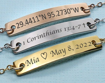Mother's day Special Sale - Personalized Name Bar Bracelet Engraved Coordinates & Dates Christmas Gift Jewelry Graduation Sorority Monogram