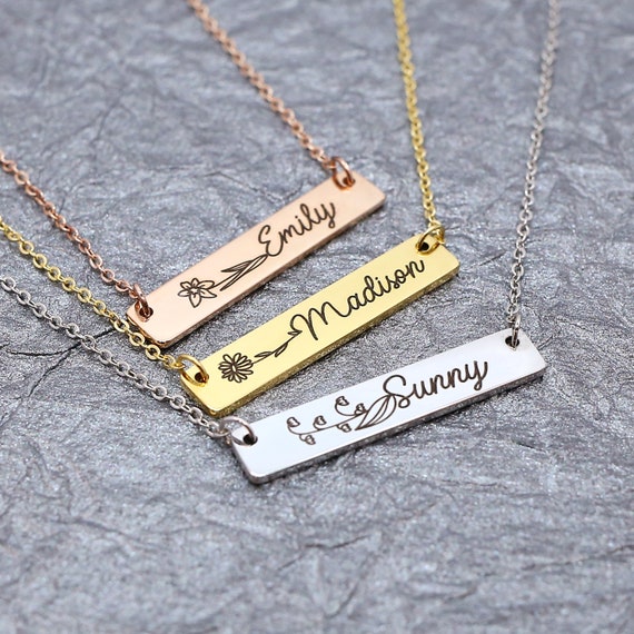 Personalized Flower Name Bar Necklace Dainty Elegant Etched Mother