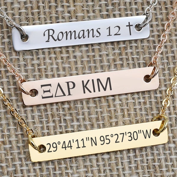Mother's day Special Sale - Custom Bar Necklace Engraved Personalized Name Coordinates Handcrafted Gift Bridesmaid Sorority jewelry Monogram