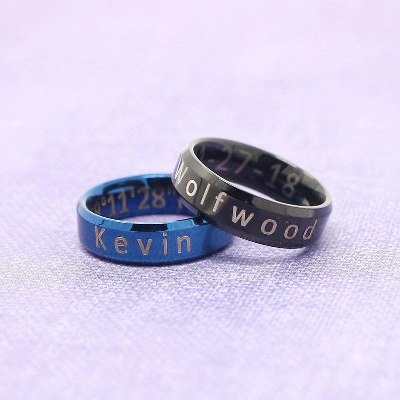 Personalized Men's stainless steel band ring cobalt blue or onyx black Engraved Name, word, date or even coordinates Father's Day gift image 7