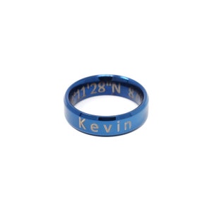 Personalized Men's stainless steel band ring cobalt blue or onyx black Engraved Name, word, date or even coordinates Father's Day gift image 6