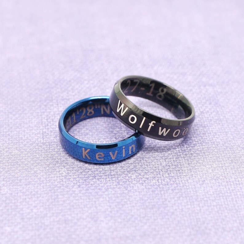 Personalized Men's stainless steel band ring cobalt blue or onyx black Engraved Name, word, date or even coordinates Father's Day gift image 8