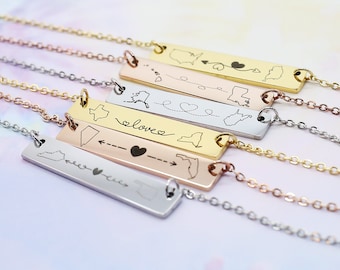 Vente spéciale fête des mères - Collier pour relation longue distance - cadeau étudiant d'échange - graver dans l'État ou les pays - cadeau personnalisé