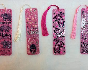 Pink Glitter Acrylic Bookmark with Tassel • Book Lover Gift