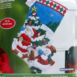 Pick a Christmas Tree with Santa and Snowman/ Christmas Felt Stocking Kit 16"/ Felt Applique Christmas Stocking Kit (Sequins & Beads)