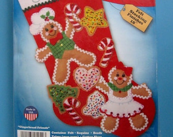 GINGERBREAD FRIENDS Felt Stocking Kit (18")/ Gingerbread Cookies (Boy & Girl) Felt Stocking Kit/ Christmas Felt Stocking Kit (Sequins-Beads)