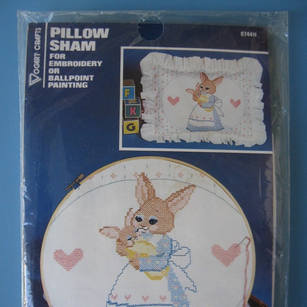 Mama Bunny & Baby Pillow Sham Kit/ Vintage Vogart Pillow Sham for Cross Stitch Embroidery/ Mother Rabbit Stamped Pillow Sham Embroidery Kit