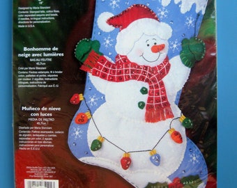 SNOWMAN WITH LIGHTS Felt Stocking Kit 18"/ Vintage Snowman Christmas Felt Stocking Kit/ Snowman Felt Applique Stocking Kit