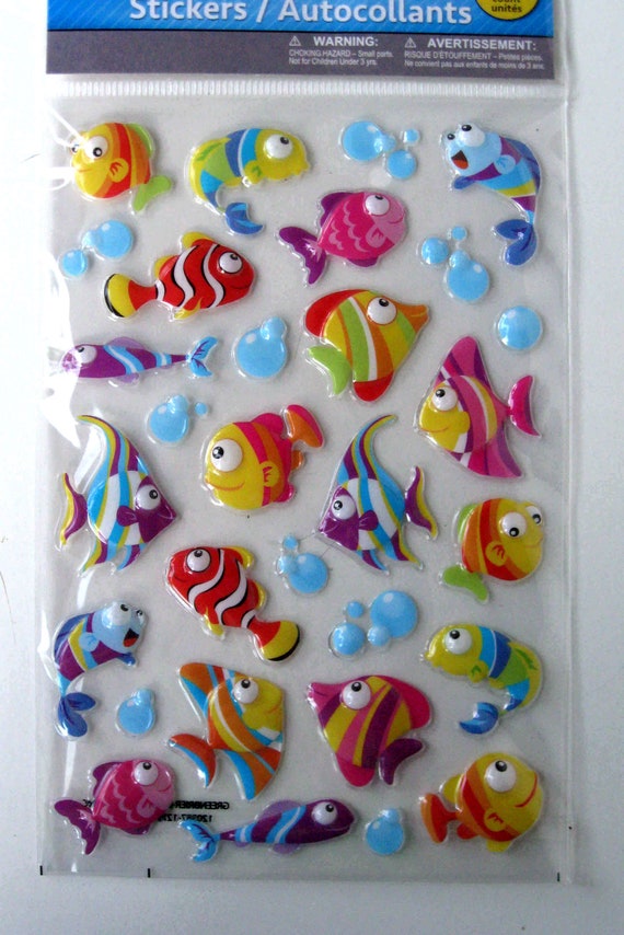 FISH PUFFY STICKERS/ Pop-up Fish Sticker Set of 30/ Fish Stickers/ Kids'  Crafts/ School/ Party/ Kids Craft Stickers 