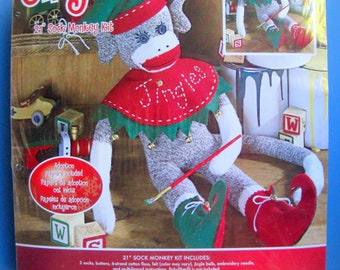 SOCK MONKEY ELF Doll Christmas Craft Kit/ "Jingles" Sock Monkey Doll Kit (21") with Socks & Adoption Papers/ Christmas Sewing Craft Kit