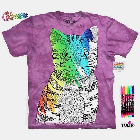 tshirt cat coloring kit/ tshirt  tulip fabric markers/ miaow meow cat  tshirt/ the mountain purple hand dyed cotton tshirt/ adult l