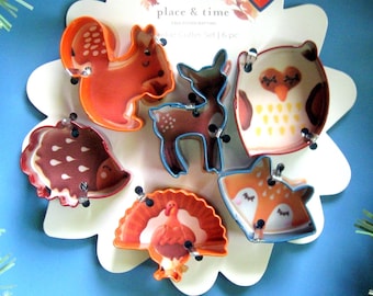 Woodland Animals Mini Cookie Cutter Set of 6 (Turkey, Deer, Fox, Owl, Squirrel, Hedgehog)/ Animal Cookies or Cake Toppers