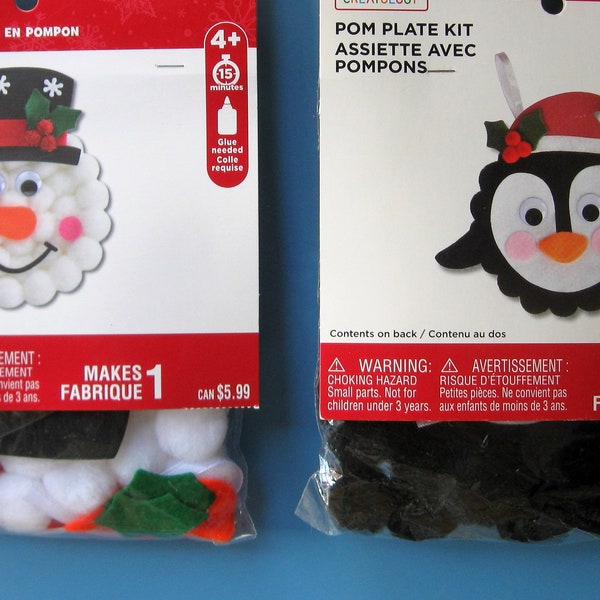 Christmas Craft Kits/ Set of 2 POM-POM Craft Kits/ Kids Winter Holiday Craft Kits/ Snowman & Penguin Pom-Pom Craft Kit Mini Paper Plate