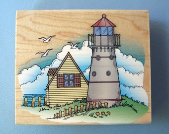 LIGHTHOUSE Wood Mounted Rubber Stamp/ Vintage Hero Arts Lighthouse Scene Rubber Stamp/ Seaside, Lighthouse, Seagulls, Clouds/ NEW!