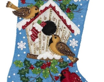 CHRISTMAS BIRDS Felt Stocking Kit (18") Sequins, Beads/ Winter Birds, Cardinal & Birdhouse Felt Stocking Kit/ Christmas Felt Stocking Kit