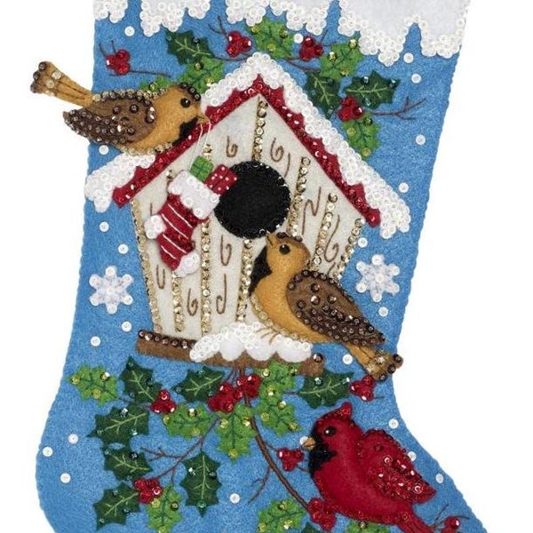 CHRISTMAS BIRDS Felt Stocking Kit (18") Sequins, Beads/ Winter Birds, Cardinal & Birdhouse Felt Stocking Kit/ Christmas Felt Stocking Kit