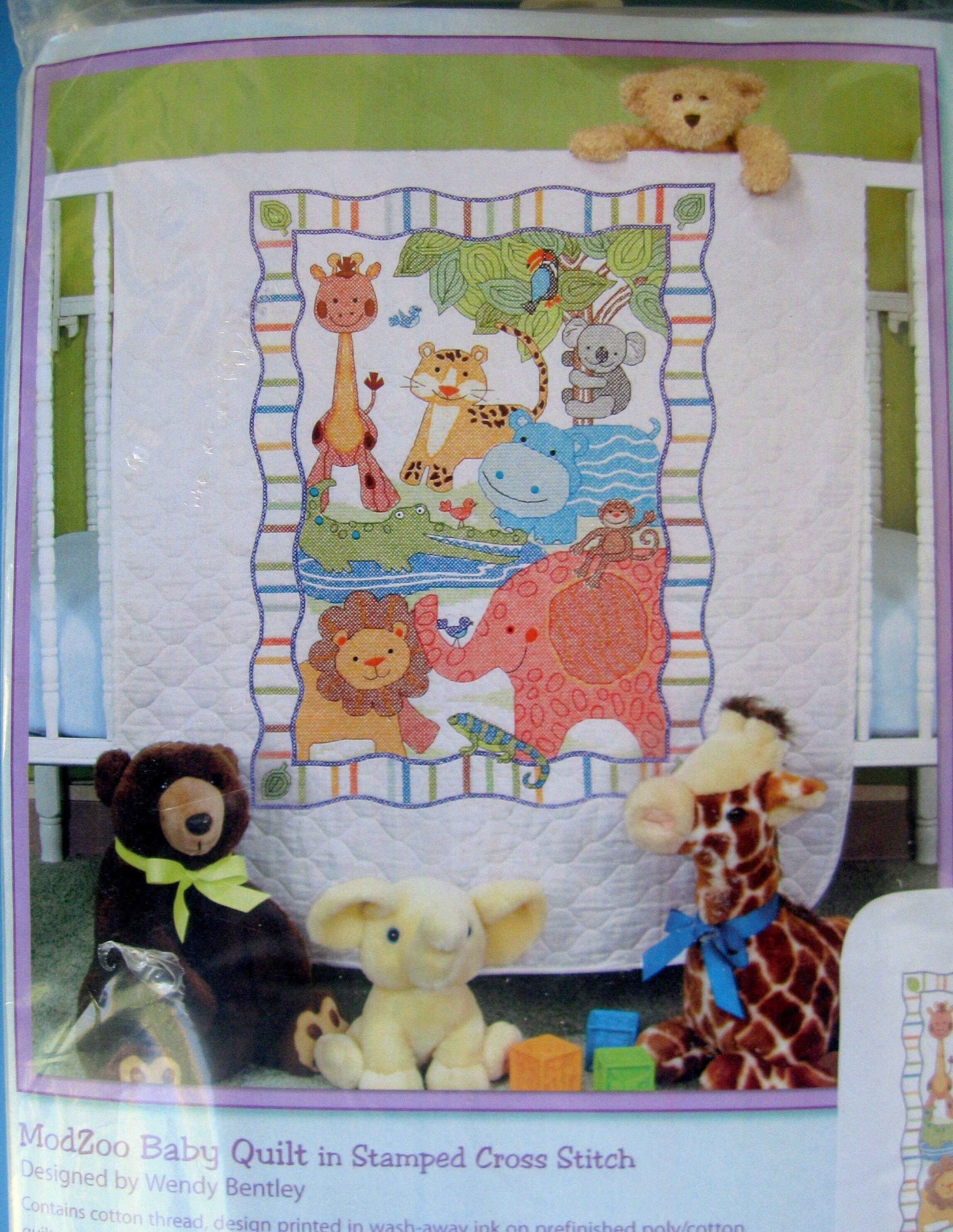 MOD ZOO Baby Quilt Kit Stamped for Cross Stitch Cute Zoo Animals Baby Quilt Kit 34 x 43 Baby Crib Quilt Cross Stitch Kit