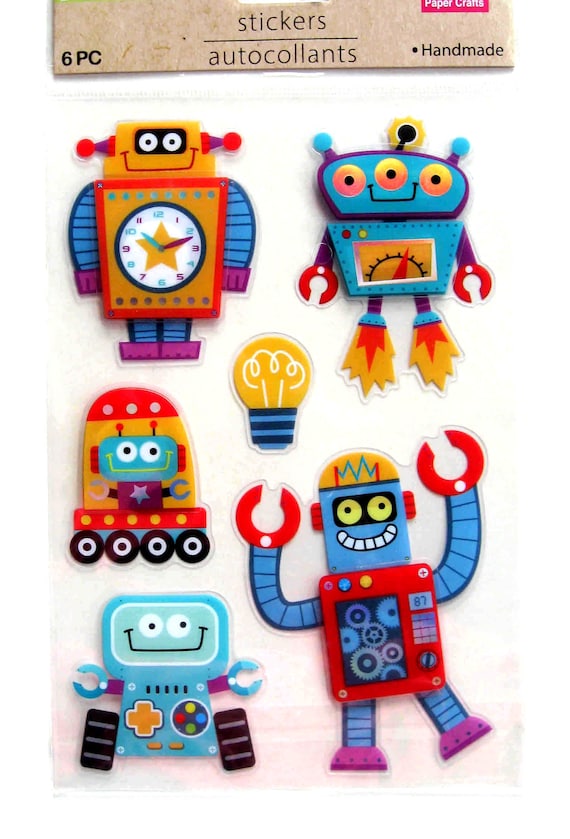 HOLOGRAPHIC ROBOT STICKERS/ 3D Robot Stickers/ 3D Holographic Foil Robot  Plastic Stickers (6 Pieces)