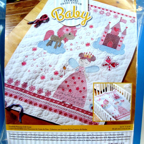 PINK PRINCESS Baby Quilt Kit/ Fairytale Princess Stamped Cross Stitch Baby Quilt Kit/ Crib Cover Baby Quilt Cross Stitch  Kit