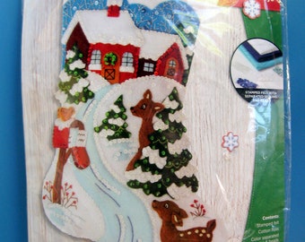 WINTER DAYS CABIN Felt Stocking Kit/ Winter Days Stamped Felt Stocking Kit (Sequins-Beads)/ Winter Cabin House & Deer Felt Stocking Kit