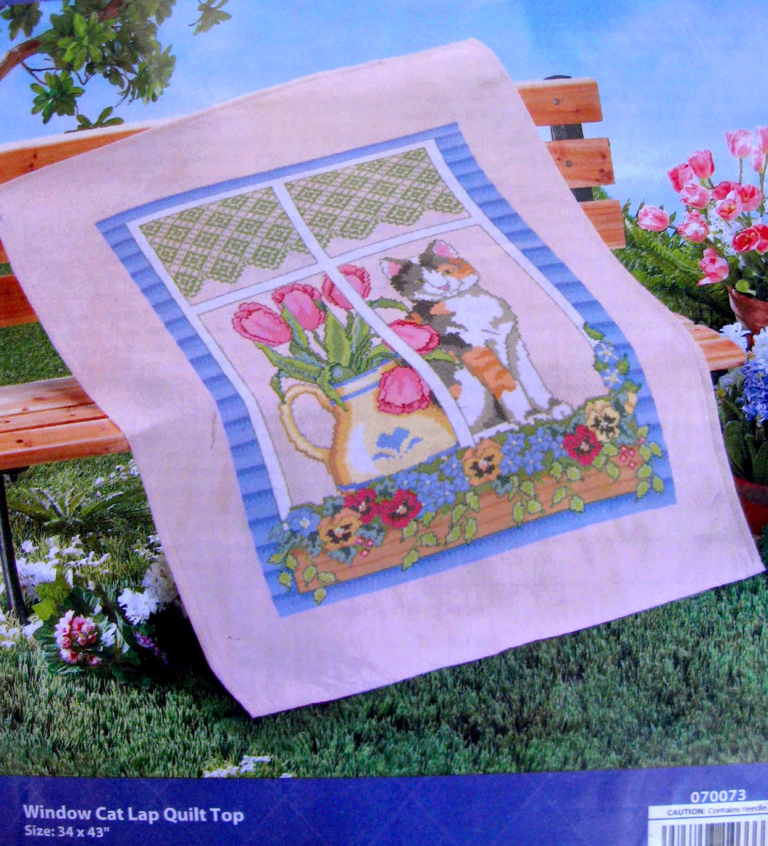 CALICO CAT in WINDOW Lap Quilt Top Cross Stitch Kit 34x43/ Cat Lap