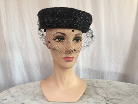 Vintage 1950's Black Polka Dot Veiled Bow Straw Su