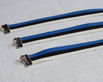 ESTONIAN flag Bracelet White black blue striped. Fabric Ribbon from ESTONIAN white black blue flag color bracelet with a metal clasp