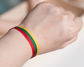 Lithuanian flag Bracelet yellow green red striped. Fabric Ribbon from Lithuanian yellow green red flag color bracelet with a metal clasp