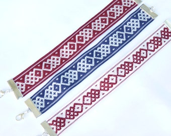 Wide bracelet with Latvian folkloric design "Laimas slota" / latvian design / gift / favor bag / jewelery