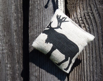 Handmade eco linen real natural scent sachet bag / Lavender bloom scent sachet / pillow / Scandinavian black moose print
