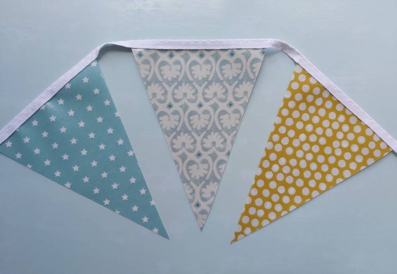 TEAL & MUSTARD Oilcloth Bunting, RetroBunting, Outdoor Bunting, Garden Bunting, Wipe Clean Bunting, Handmade Bunting, 2.5 metre, PVC Bunting image 8