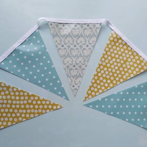 TEAL & MUSTARD Oilcloth Bunting, RetroBunting, Outdoor Bunting, Garden Bunting, Wipe Clean Bunting, Handmade Bunting, 2.5 metre, PVC Bunting Teal and Mustard