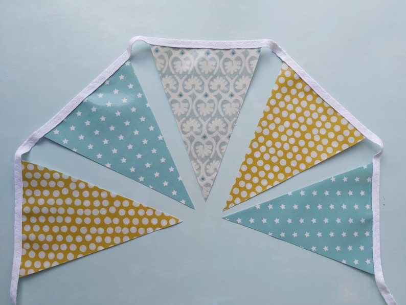 TEAL & MUSTARD Oilcloth Bunting, RetroBunting, Outdoor Bunting, Garden Bunting, Wipe Clean Bunting, Handmade Bunting, 2.5 metre, PVC Bunting Teal and Mustard