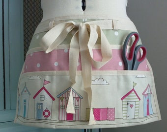 Six Pocket BEACH HUTS Cotton Half Waist Apron, Gardening Apron, Garden Gift, Utility Apron, Teachers Apron, Vendors Apron, Classroom Apron