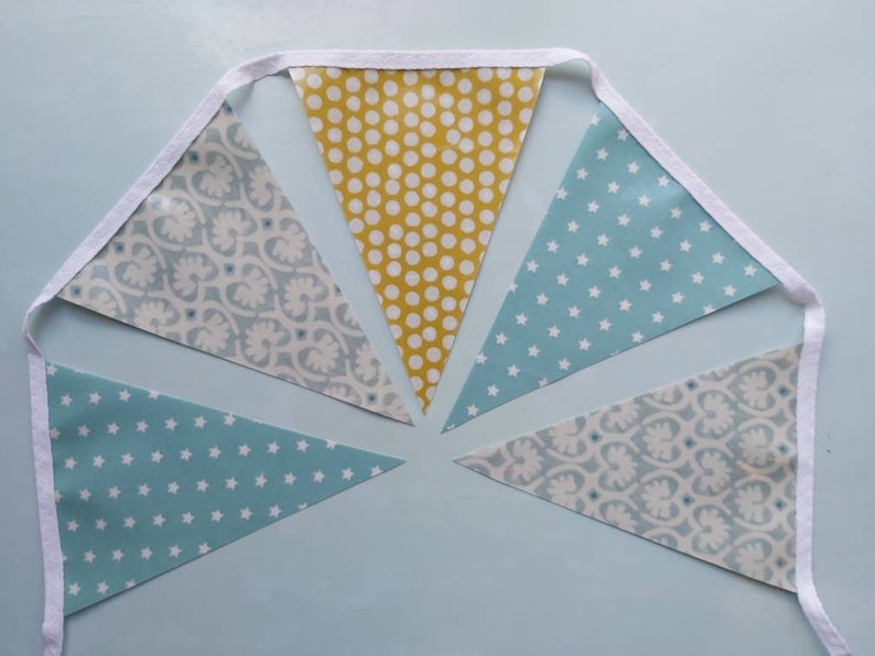 TEAL & MUSTARD Oilcloth Bunting, RetroBunting, Outdoor Bunting, Garden Bunting, Wipe Clean Bunting, Handmade Bunting, 2.5 metre, PVC Bunting image 2