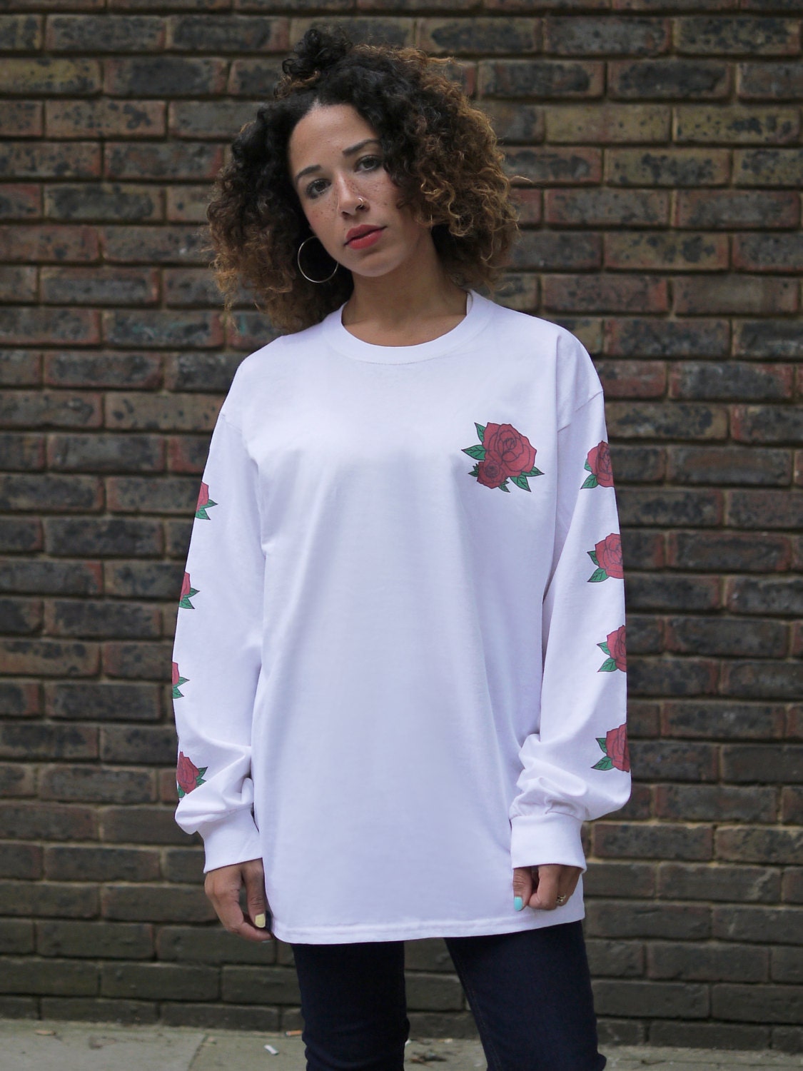 White Baggy Long Sleeved Tshirt Colourful Graphic with Rose Etsy