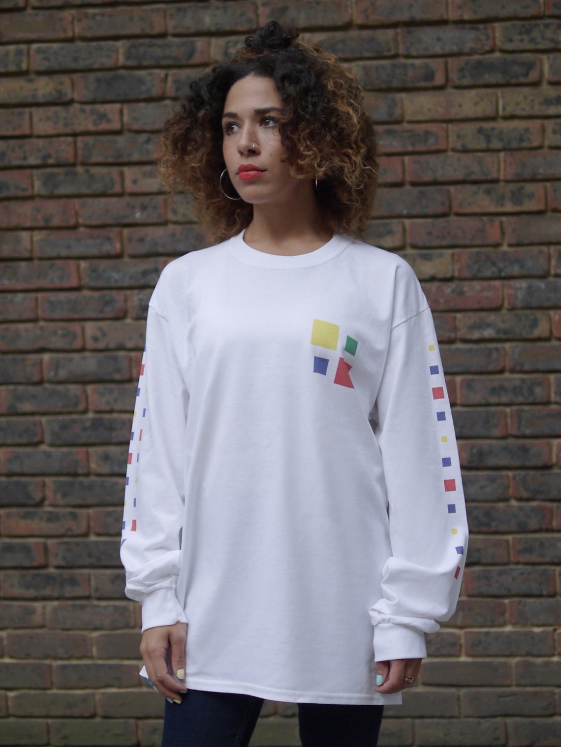 Baggy Oversized White Long Sleeved Tshirt With 90s Geometric Etsy