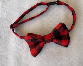 Red Buffalo Plaid Bow Tie | Adjustable 11"–19" | Handmade Men’s Bow Tie, Boys Bow Tie, Holiday Outfit Accessory, Rustic Christmas Tie