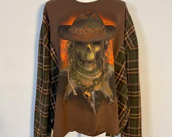 Halloween Scarecrow Flannel T-Shirt - Upcycled